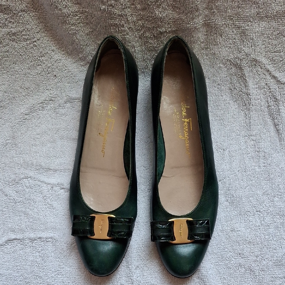 Salvatore Ferragamo Dark Green Leather Flats with Gold Accent